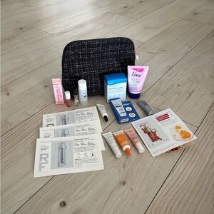 NEW 16 piece Makeup and Skincare Sample Set and Black and White Tweed Makeup Bag